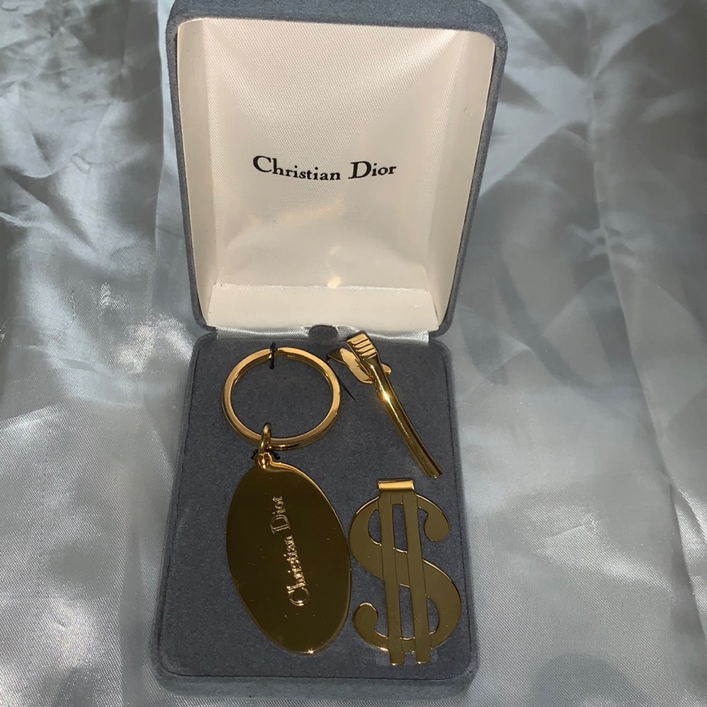 Christian Dior gold Rare Vintage Metal Keychain/ tie/ Money Clip Cash Set